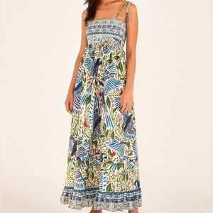 FARM Rio Off White Macaw Flight Smocked Maxi Dress